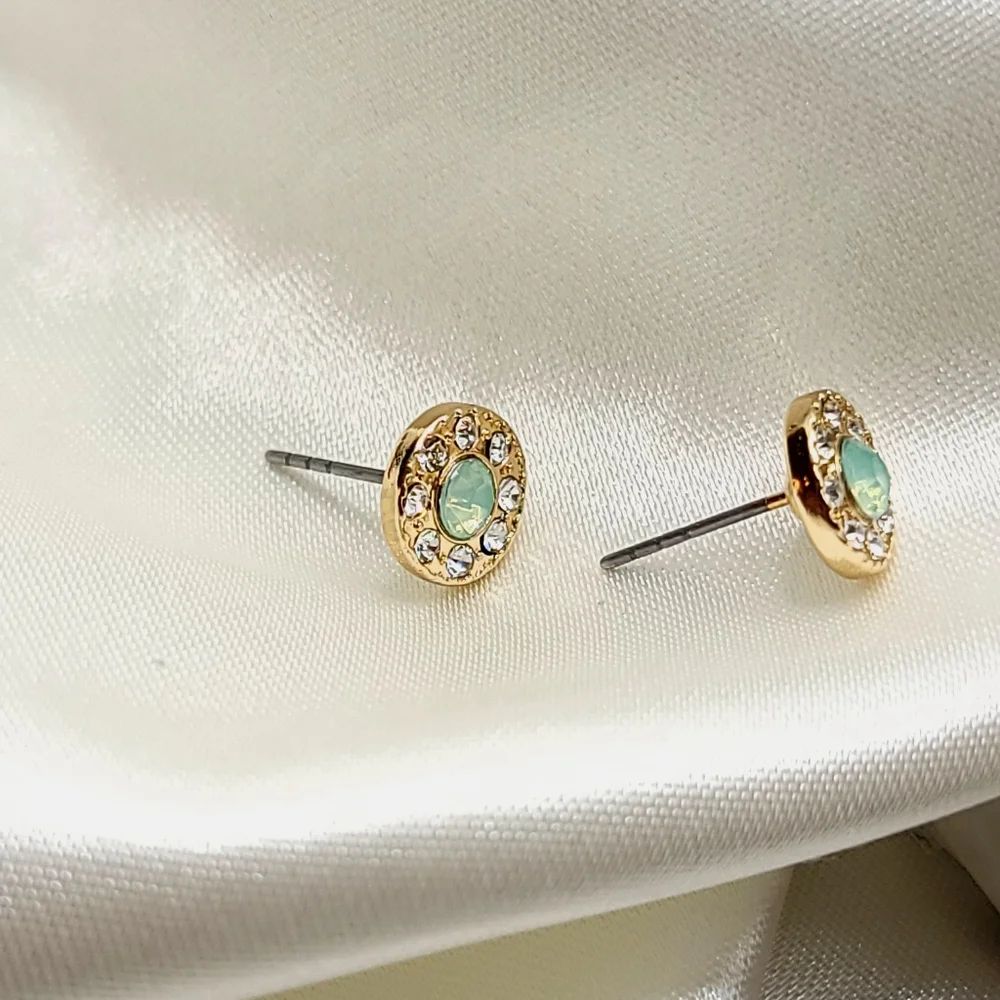 Gold Seafoam Diamond Halo Rhinestone Stud Button Earrings